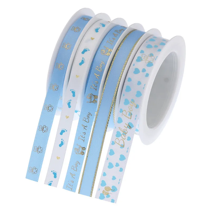 

10M New baby carriage crown bronzing ribbons feet bear gilding ribbons gift packaging baby baptism printed letter powder ribbon