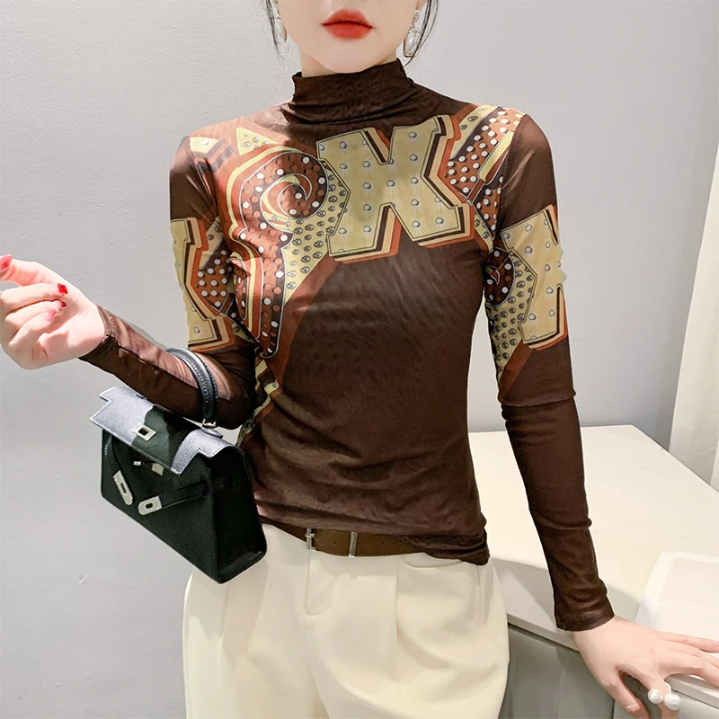 # 7441 сетчатая футболка с длинным рукавом принтом женская в корейском стиле узкая