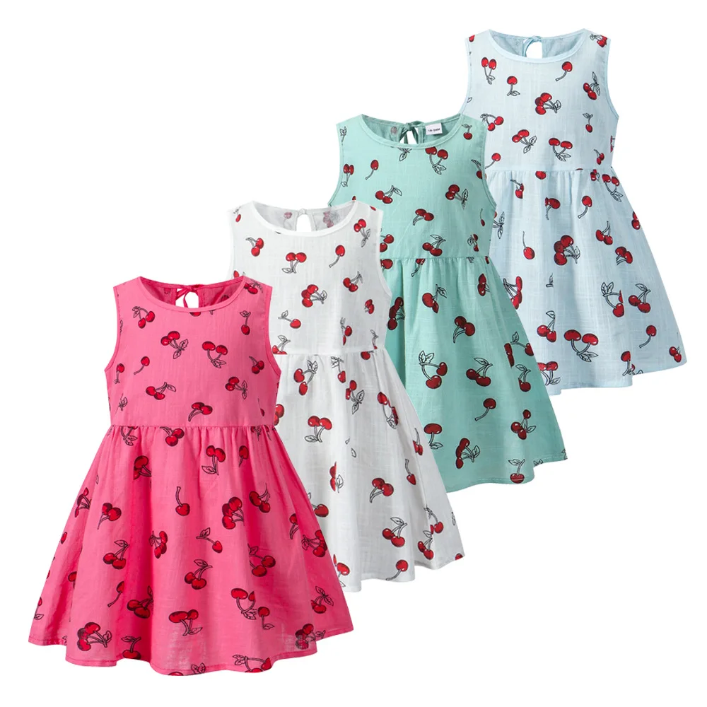 Summer New Girls Fancy Dress Children Sleeveless Cotton Linen Cherry Vest Skirt Baby Korean Print Casual Dresses Holiday Clothes