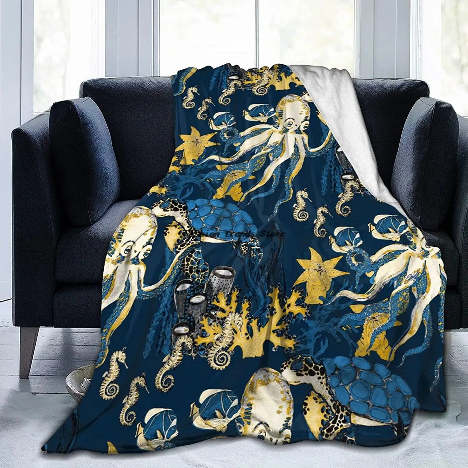 

Turtle Fish Seahorses Octopus Fleece Flannel Throw Blankets for Couch Bed Sofa Car,Cozy Soft Blanket Throw Queen King Size