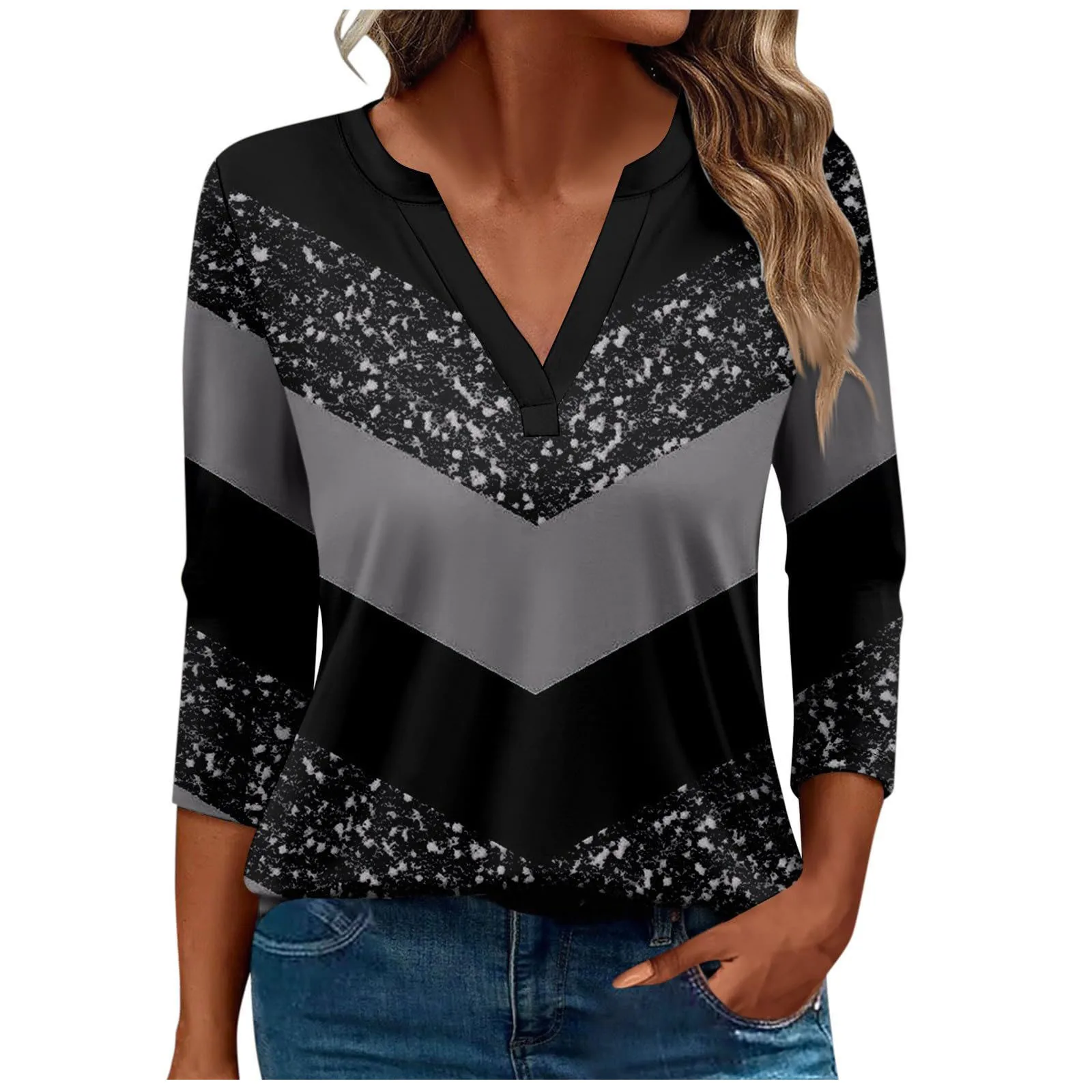 Модная женская футболка с v-образным вырезом и тремя четверками длинным рукавом