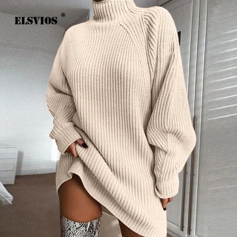 

Autumn Winter New Hot Sale Knitted Sweater Dress Fashion Half High Collar Long Sleeves Loose Solid Color Elegant Female Dresses