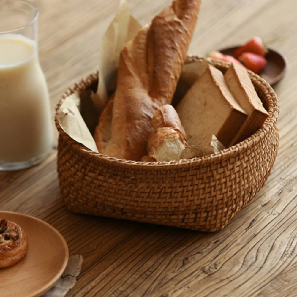 

1/3PcsHandwoven Rattan Storage Tray Wicker Basket Bread Food Plate Fruit Cake Platter Dinner Serving Tray