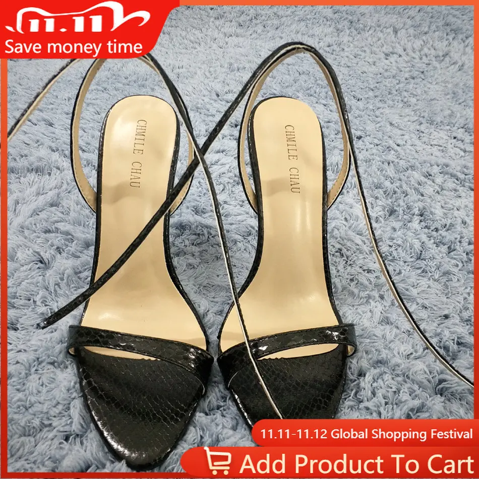 

Women Stiletto Thin Iron High Heel Sandal Sexy Ankle Strap Buckle Open Toe Black Snakeskin Party Bridals Ball Lady Shoe 3845-i10