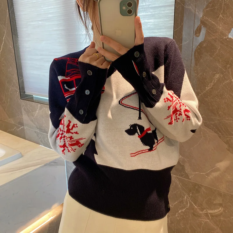 

High Quality Spot Contrast Ski Puppy Warm Joker Sweater Female Tb Wool Round Neck Color Matching Skin-friendly Knit Top Female