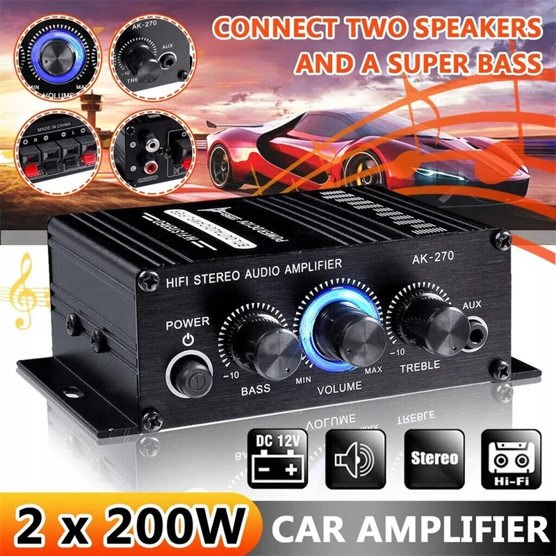 

AK-270 200W Car Hifi Power Amplifier 12V 2A Home Car Hifi Power Amplifier Stereo BASS Audio Amp Speaker Car Home Sound Power Amp
