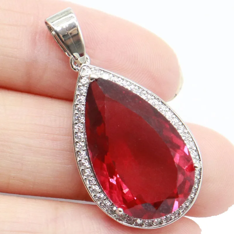 37x18 мм потрясающая розовая малина родолит гранат белый CZ женская свадебная серебряная подвеска привлекательная