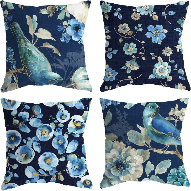 

Синие декоративные наволочки для подушек, в деревенском стиле, с изображением цветов, птиц, квадратные льняные уличные подушки
