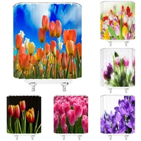 pink tulip shower curtain spring flowers colorful floral garden plant rural country scenery waterproof fabric bathroom curtains