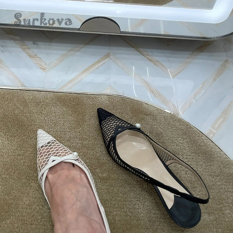 Mesh Pearl Ankle Wrap Sandals 2023 Summer Pointed Toe Kitten Heel Back Strap Pumps Fashion Bling High Heels Office Wedding Shoes