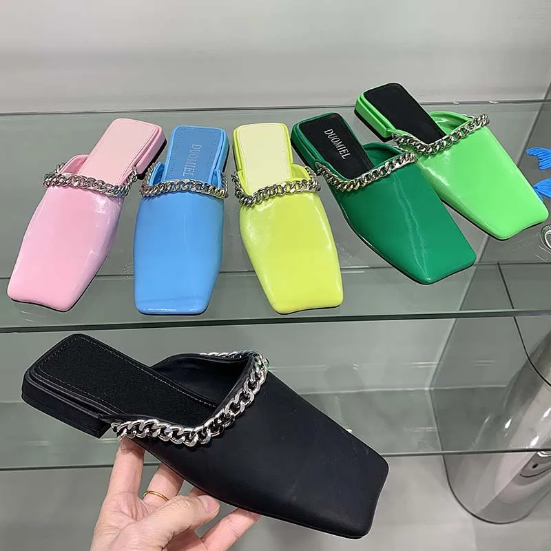 

Fashion Sandals Ladies Square Toe Female Casual Outdoor Slides Slippers Slip On Metal Chain Flat With Shoes Mules For Women