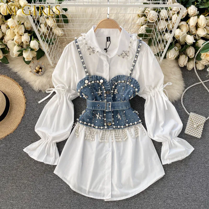 M GIRLSHigh Quality Shinny Beaded Denim Vest White Shirt Dress 2pcs Suits  Puff sleeve Blouse + Tassel Pearl Denim Vest Sets - купить по выгодной цене  | AliExpress