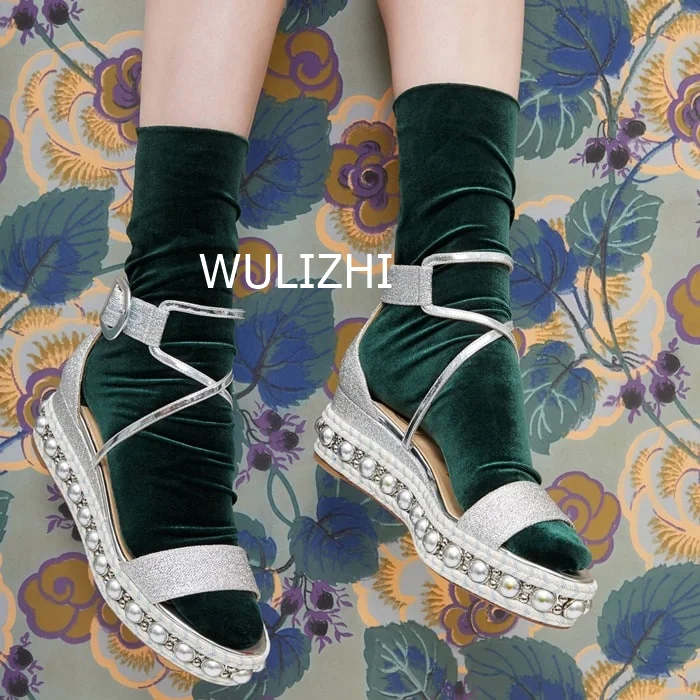 Women Silver Shiny Sequins Wedge Flat Sandals Platform Open Strap Espadarille Gladiator Metal String Bordered Summer Casual Shoe