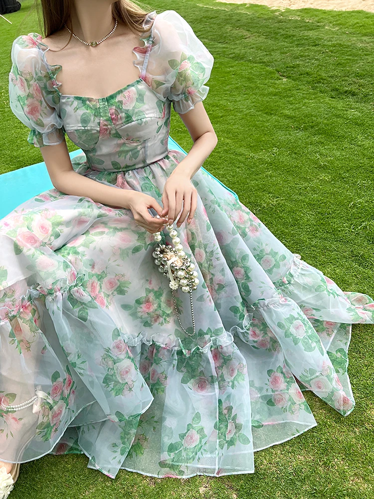 

Vintage Floral Evening Midi Maxi Dresses for Women Elegant Casual Party Prom Green Holiday Princess Fairy Long Dress Summer 2023