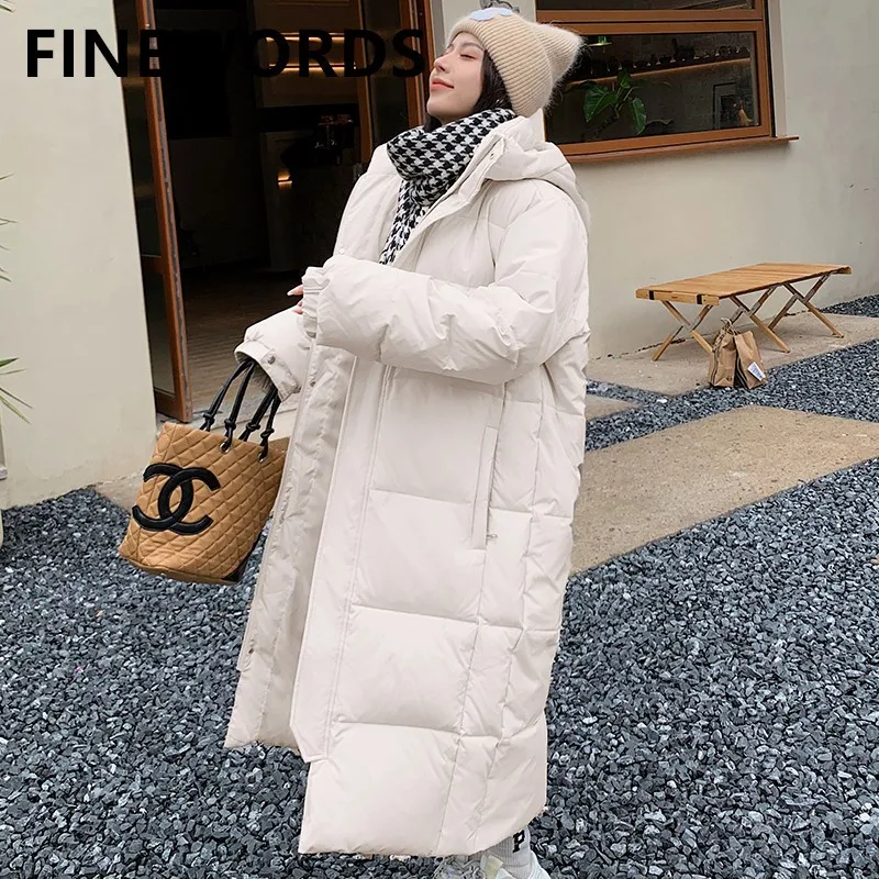 

FINEWORDS Korean White Winter Coat Women Down Cotton Padded Long Coat Vintage Knee Length Casual Streetwear Outerwear Jackets