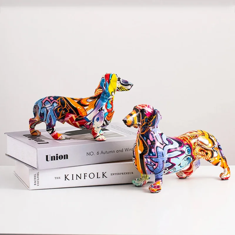 

Creative Colorful Dachshund Dog Figurines Modern Graffiti Art Home Decorations Room Bookshelf TV Cabinet Decor Animal Ornament