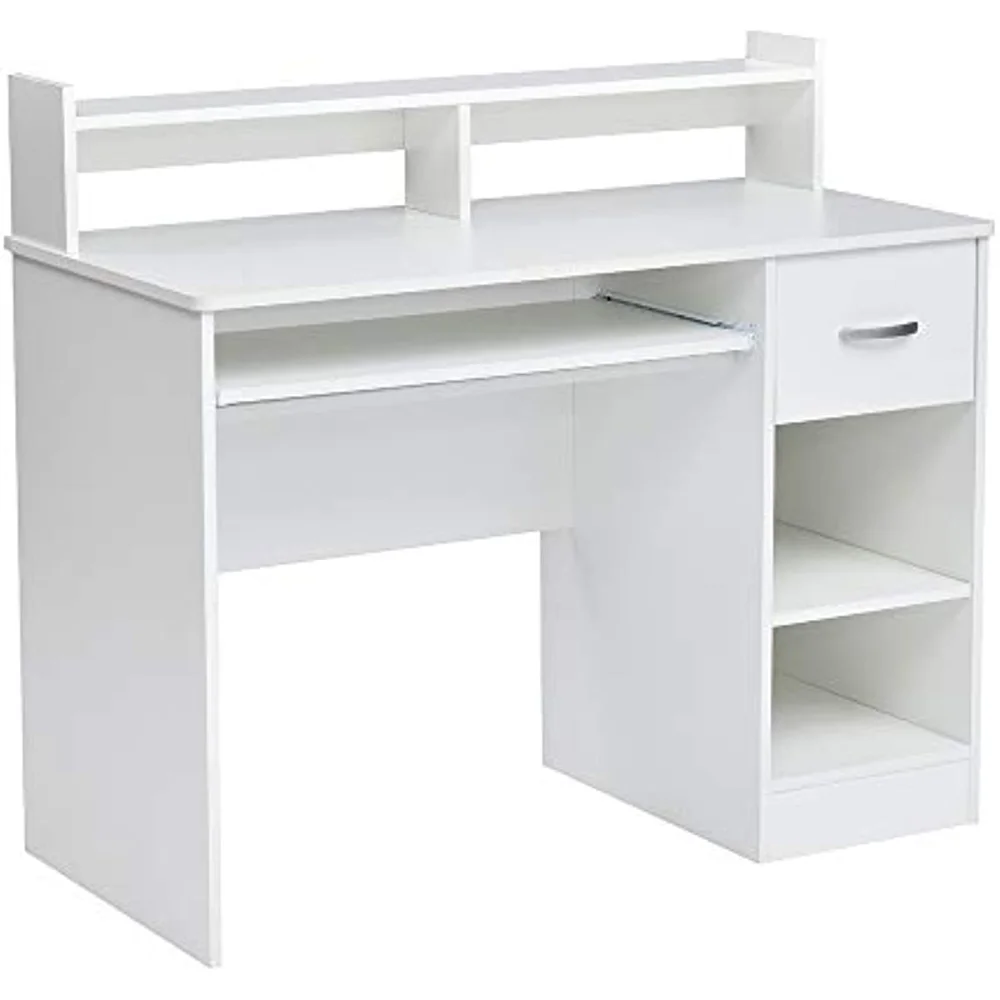 

White Computer Keyboard Tray and Drawer Small Home Office Bedroom, Homework and School Studying Writing Desk for Student with