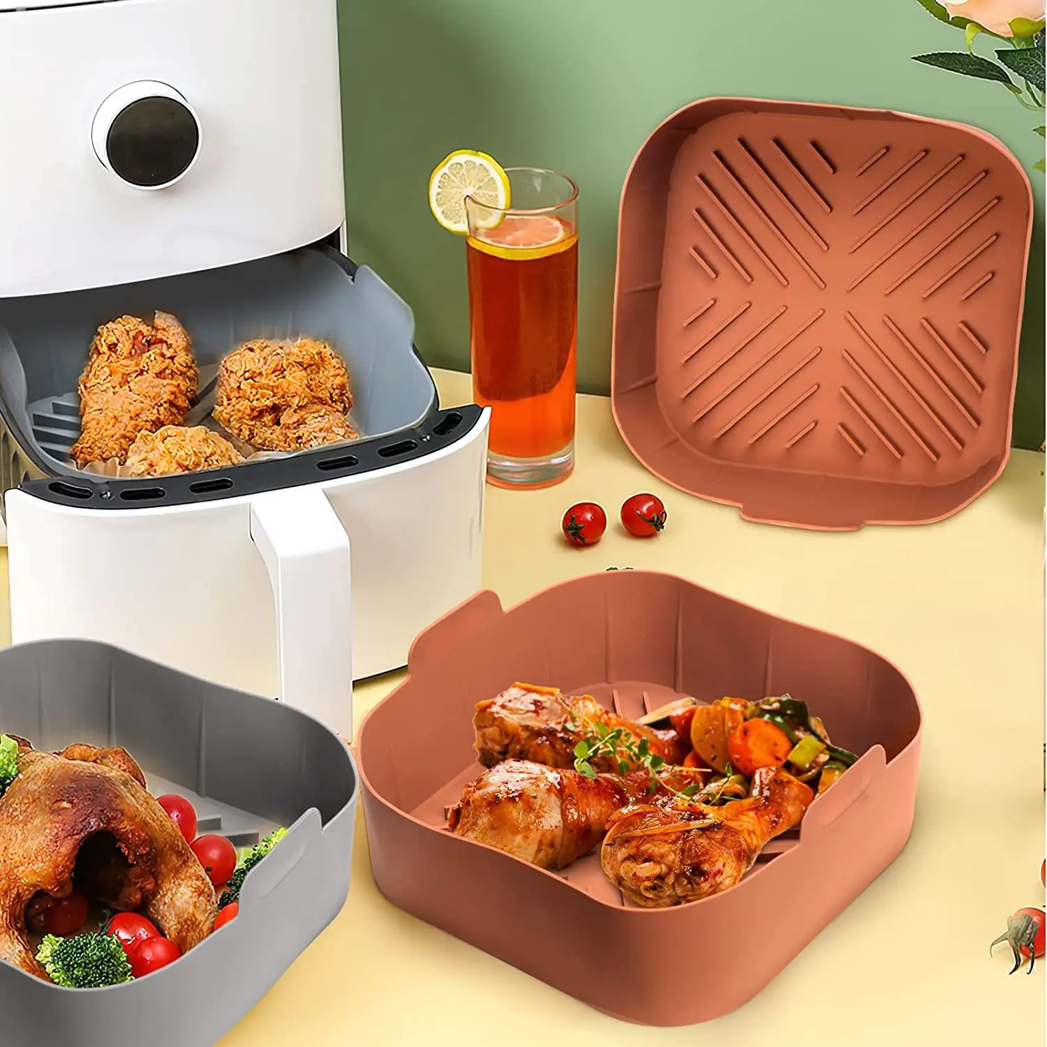 Reusable Airfryer Silicone Basket Oven Baking Tray Fried Pizza Chicken Basket Baking Mat Mold  Easy To Clean Air Fryer Liner