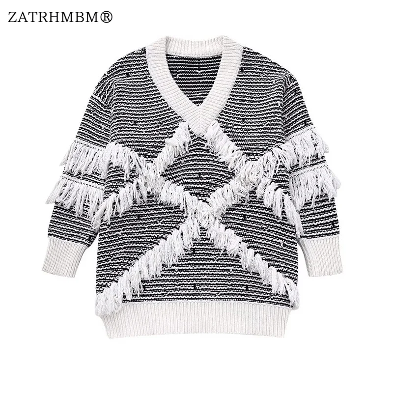 

ZATRHMBM Women 2023 Autumn New Fashion Tassel Decoration Knitted Sweater Vintage V-Neck Long Sleeves Female Pullover Chic Top