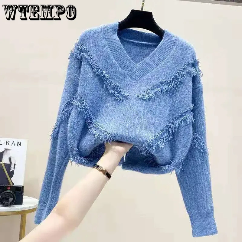

2023 New Women Sweaters Tassel Fashion V Neck Loose Autumn Winter Pullover Knitted Sweater Women Cashmere Knitwear Basic Tops