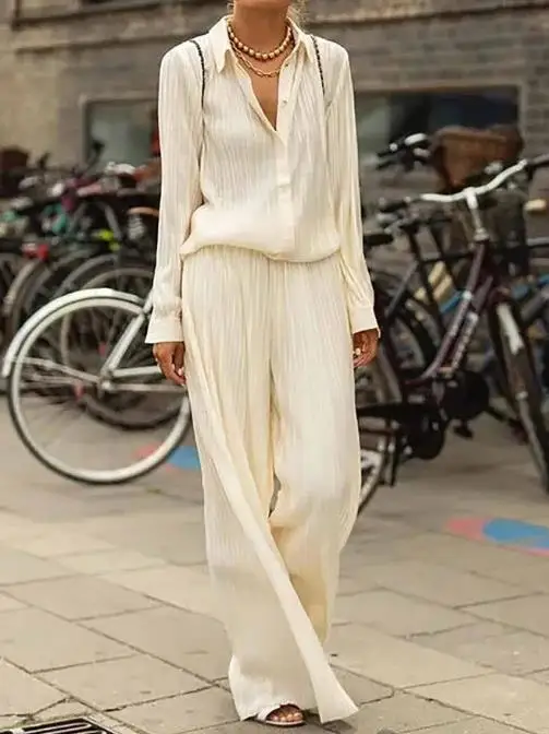 

Tow Piece Set Women Outfit 2023 Autumn Elegant Solid Long Sleeve Shirt & Fashion Loose Pants Set Casual Female Suits