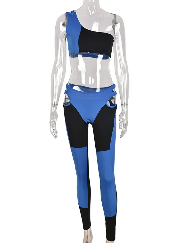 

Xiktop Ladies Suit 2 Piece Street Style One-shoulder Sleeveless Navel Tape Top + Hollow Slim Pants Pencil Pants Legging Clothins