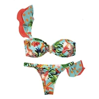 one shoulder ruffle monokini 2022 women two piece swimsuit metal v bikinis set summer bathing suit female floral print swimwear