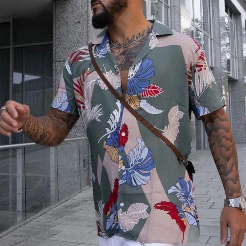 Summer Shirt Top Men's Fashion Printed Loose Cardigan Shirt Men's Casual Short Sleeve Single-Breasted Turn-down Collar Shirt