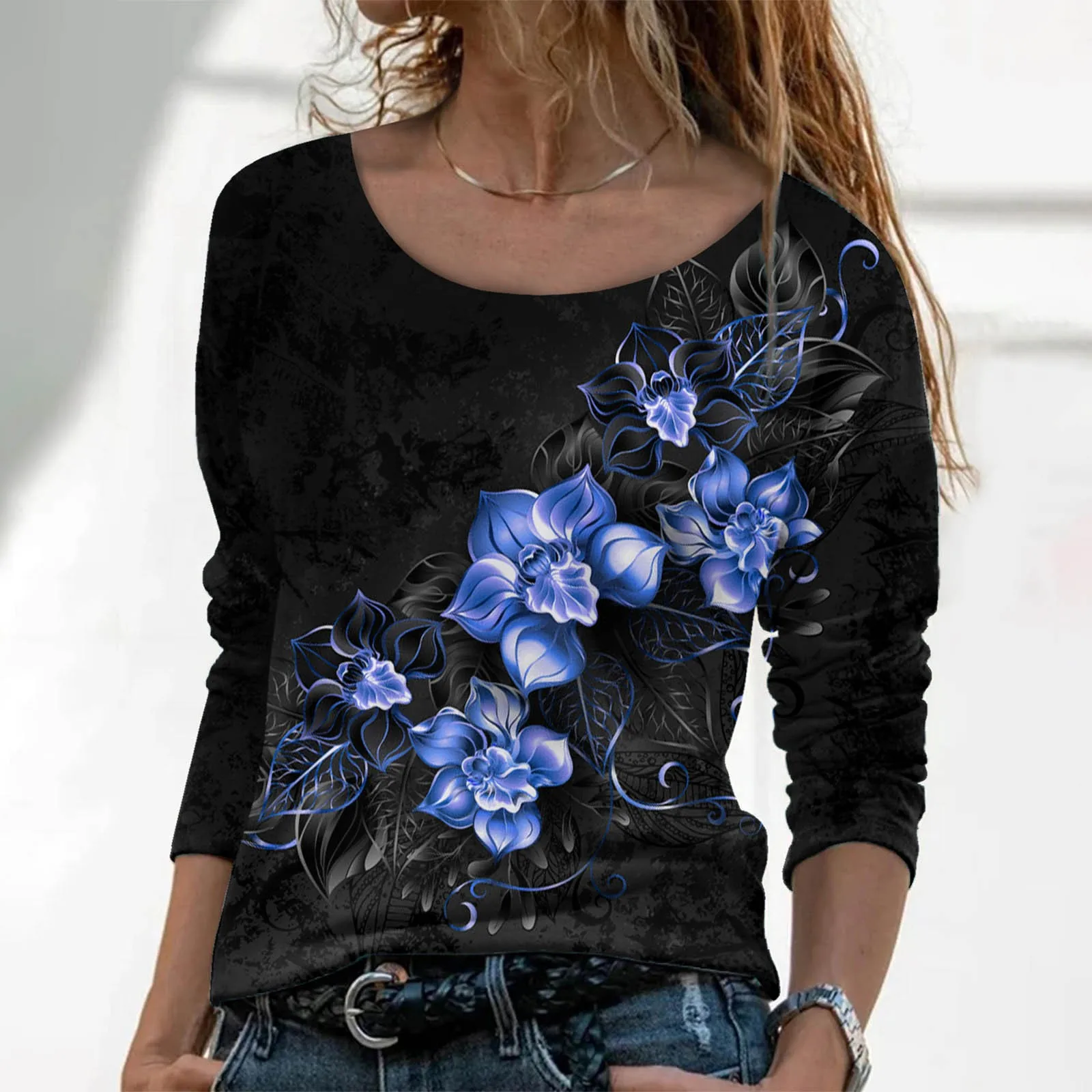Women Casual Fashion Crew Neck Sweatshirt Print Pattern Long Sleeve Blouse Casual Large Tunic Tops Women Compression Running