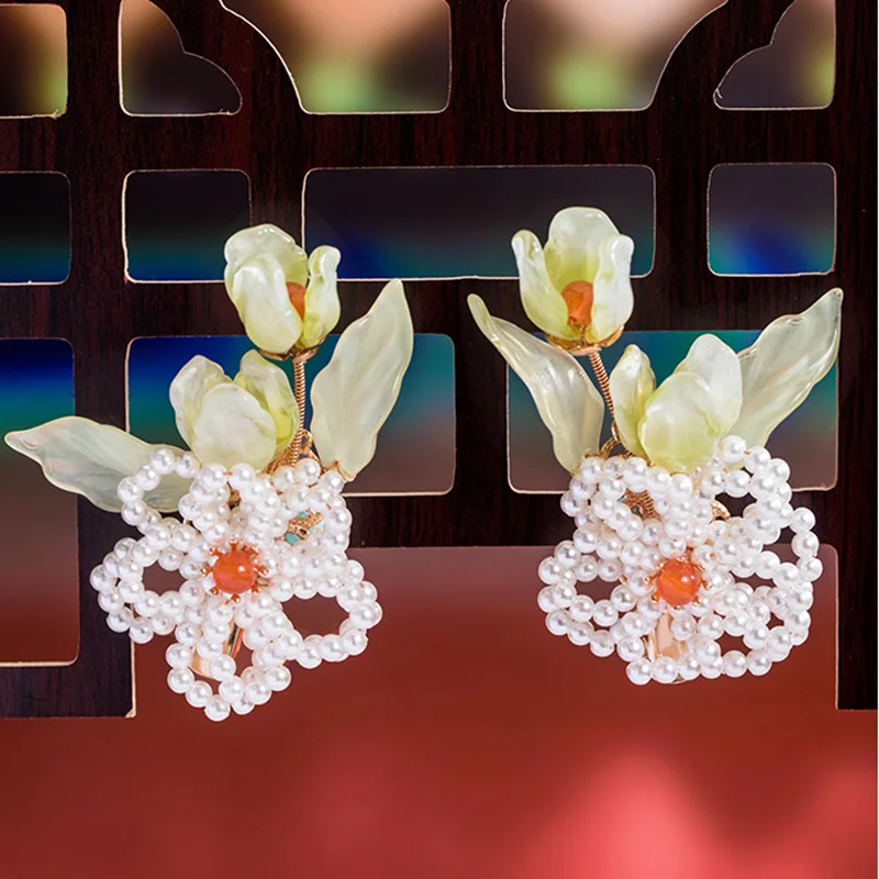 

Pearl Flower Tulip Glass Hanfu Classical Girl Hair Clip Hairpin Headdress