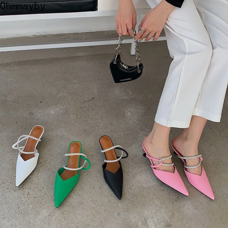 

2022 Designer Rhinestones Woman Heel Slippers Women Heels Pointed Toe Slides Elegant Slip On Shallow Mule Catwalk Women's Shoe