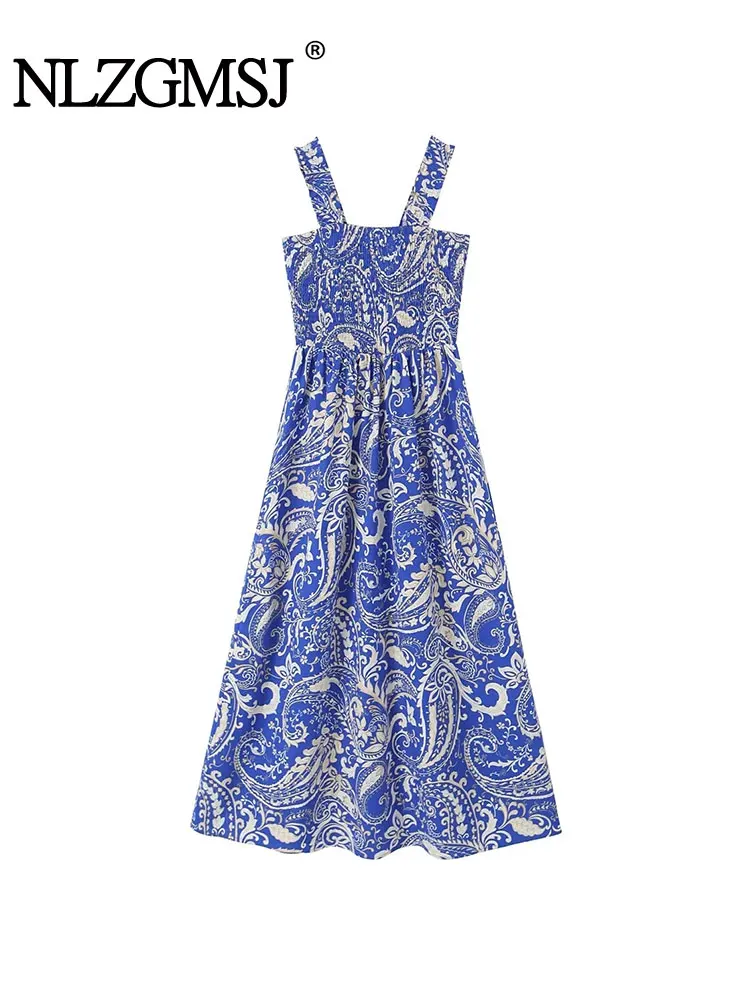 

Nlzgmsj TRAF Женское Плиссированное Платье-миди на бретельках, длинное облегающее платье с квадратным вырезом и принтом, лето 2023