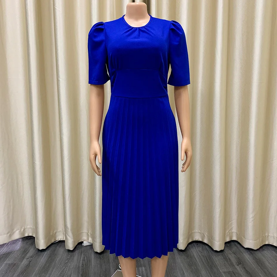 Blue Pleated Dress For African Ladies Solid High Waist Mid Calf Elegant Work Business Office Wear Dresses Midi 2022 Autumn New