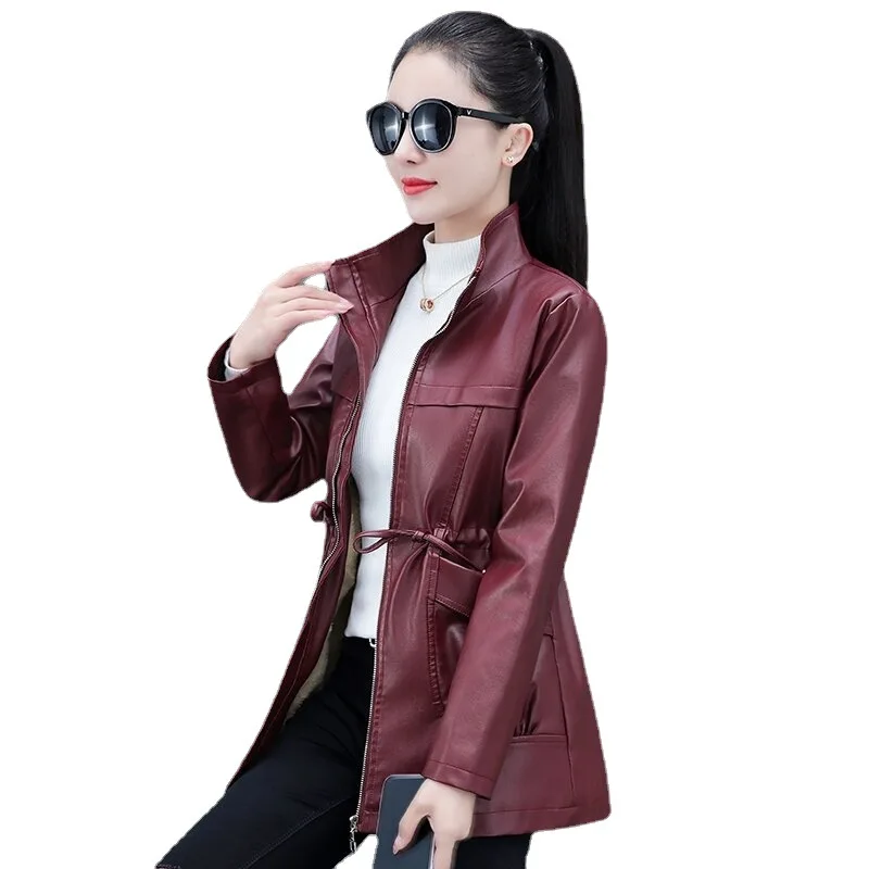 Leather women's autumn  winter Korean style waist mid-length plush thick casual jacket slim PU leather jacket vintage