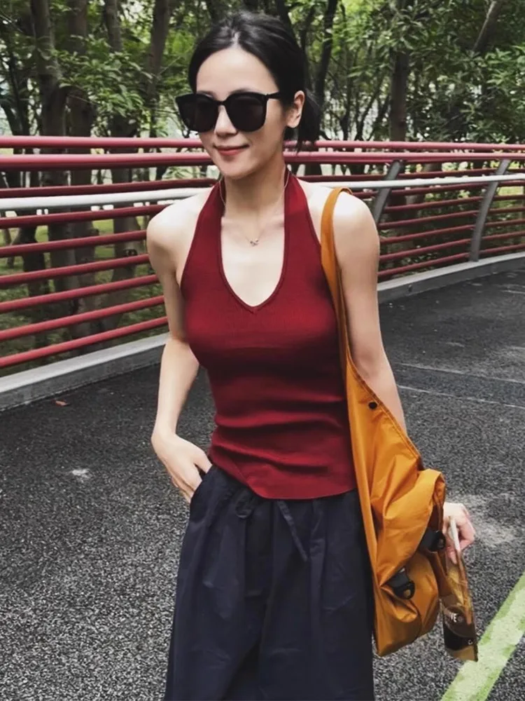 Французский шикарный красный вязаный жилет с v-образным вырезом и висячим на