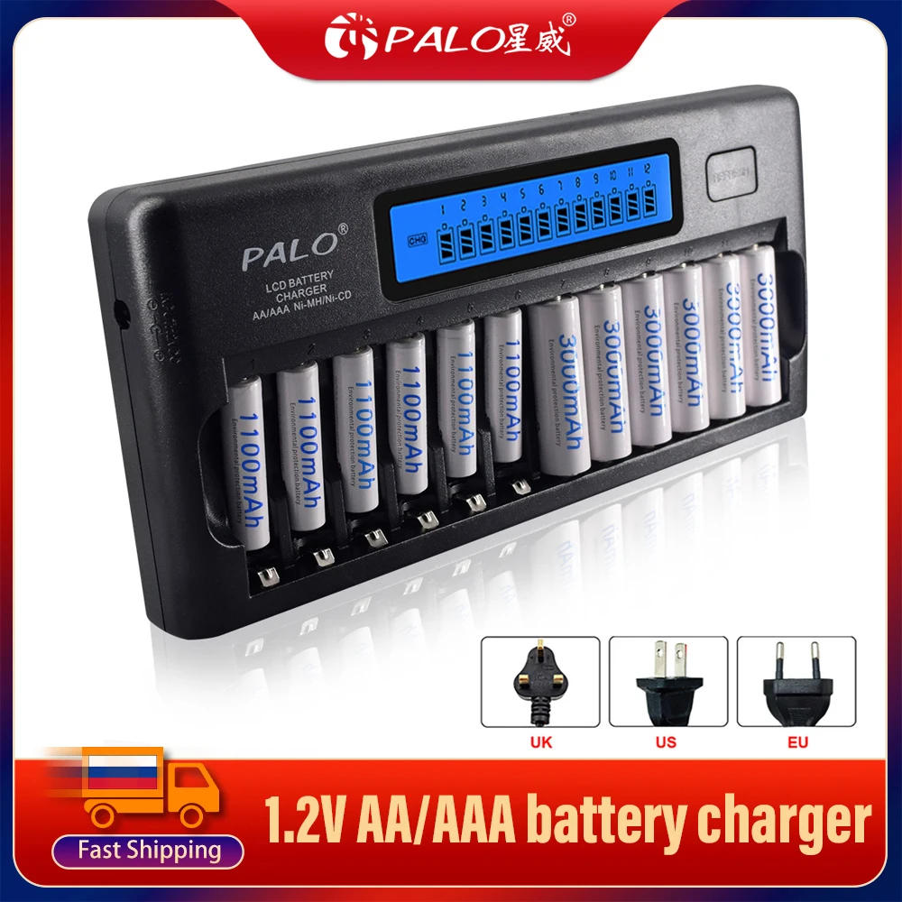 

PALO 12 slots LCD display Intelligent Battery Charger Fast charge Device for 1.2V AA AAA Ni-MH NiCd 2A 3A Rechargeable battery