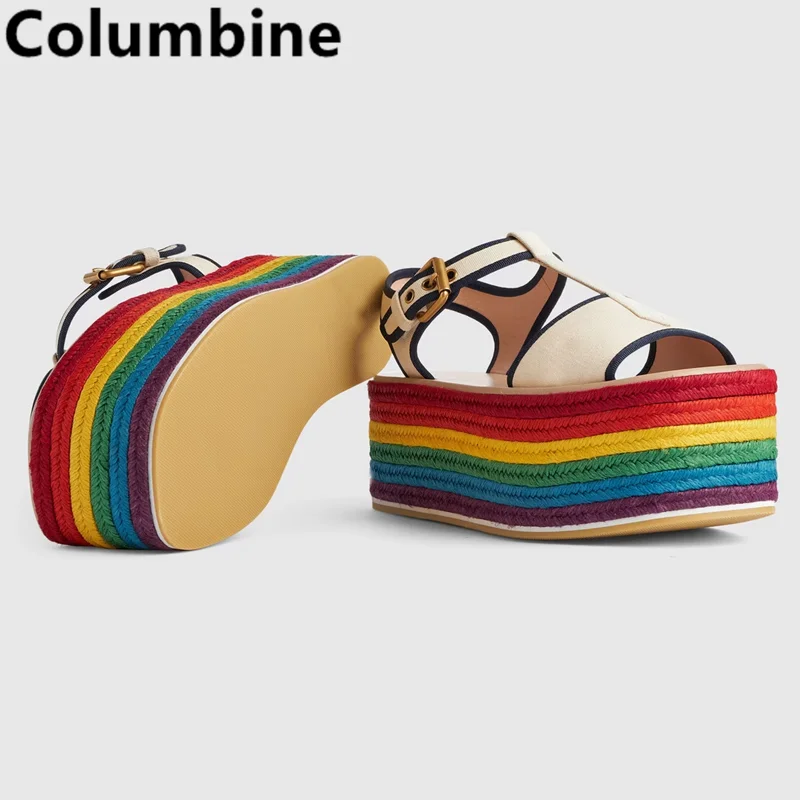 Women Rainbow Boost Platform Espadarille Sandals Open Buckle Nylon Strap Flats Casual Mixed Colors Graffiti Fashion Sewing Shoes