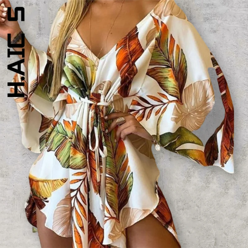 

Dress Women New Leisure Dresses V Neck Lace-up Floral Print Sexy Mini Dress Outfits Simple Elastic Vestidos Clothing Female