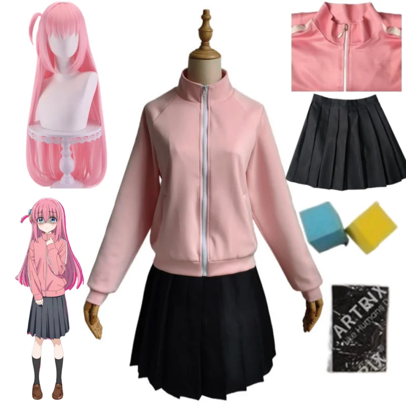 

Anime Bocchi The Rock Gotou Hitori Cosplay JK Uniform Pink Jacket Skirt Wig Suit Halloween Women Girl Costumes