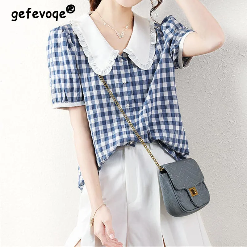 Vintage Plaid Blouses Women Summer Leisure Short Sleeve Female Tops All-match Stylish Daily Student Korean Style Casual T-shirts