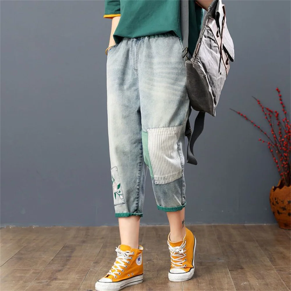 

Women Jeans Summer High Waist Patch Denim Cropped Pants Female New Elastic Waist Embroidered Color Matching Harem Pants