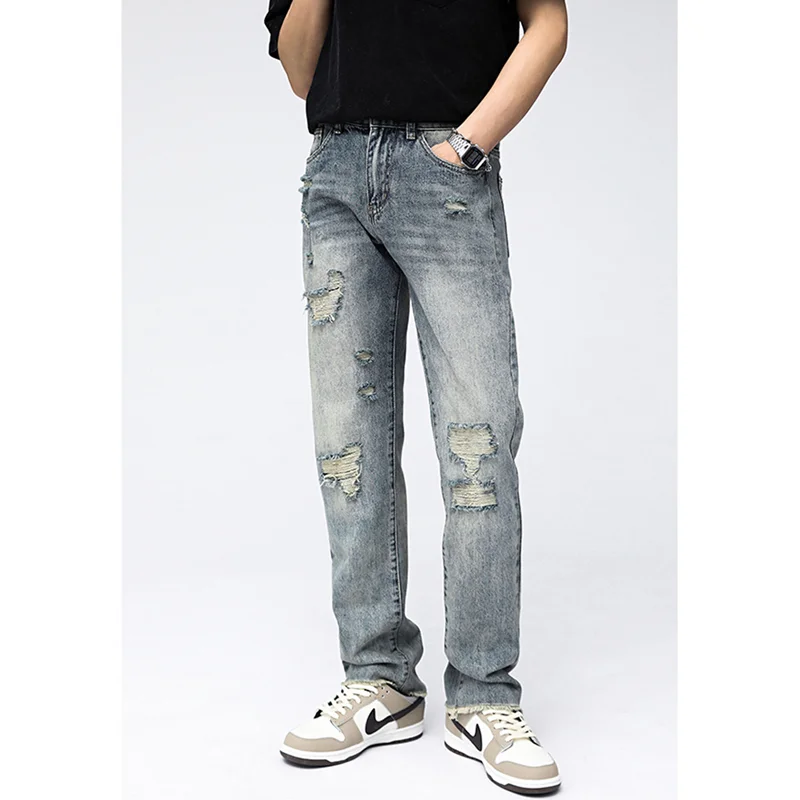 Streetwear Men Vintage Loose Blue Ripped Jeans 2022 Autumn and Winter New Style Pattern Fashion Straight Cylinder Trousers Women