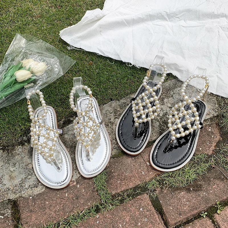 Сандалии женские с мягкой подошвой универсальные туфли жемчугом плоская подошва