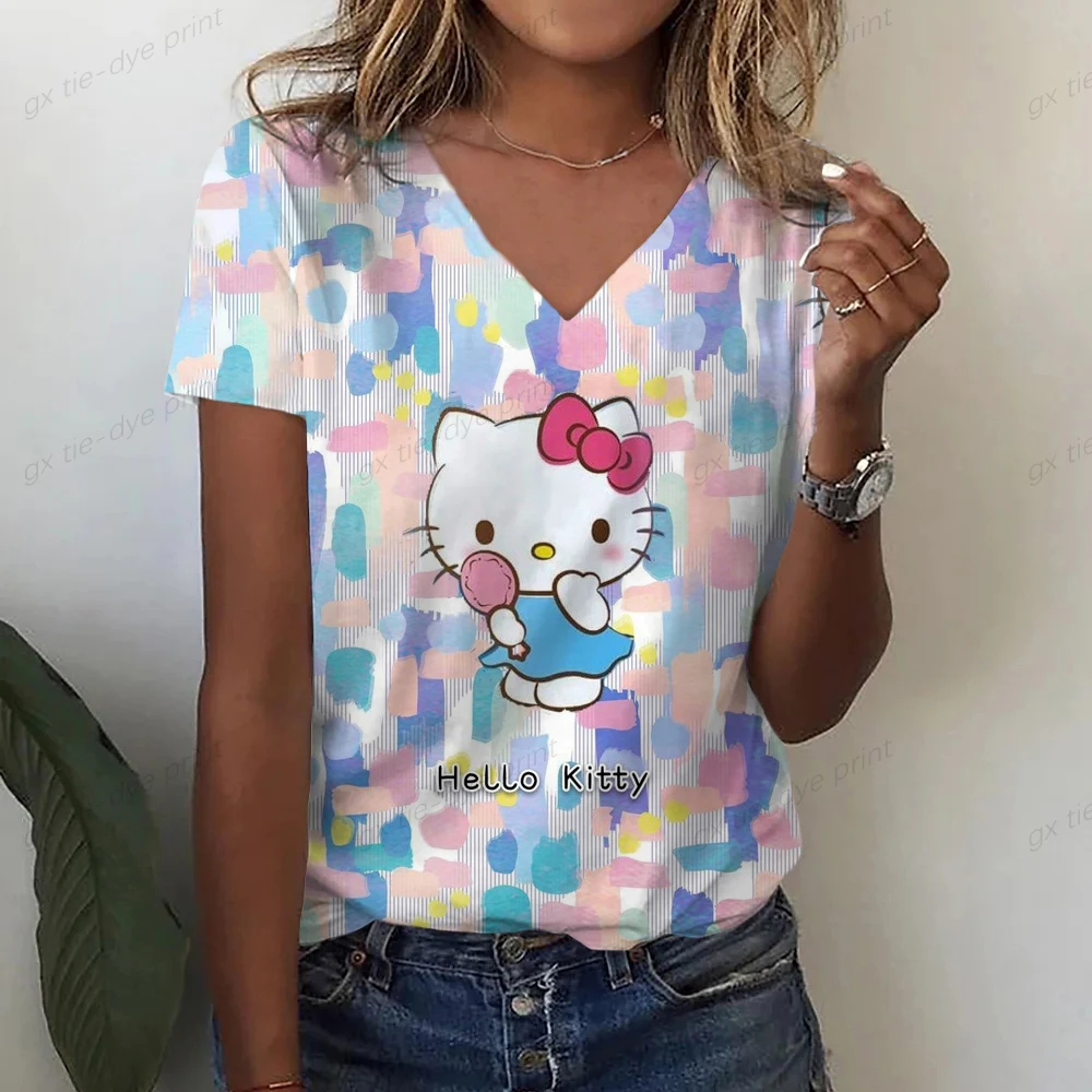 

2023 Summer Women's Tees V Neck Tee Hello Kitty Print Shirt Short Sleeve Fashion Girls Tops 5xl T Shirts Female Loose Clothing