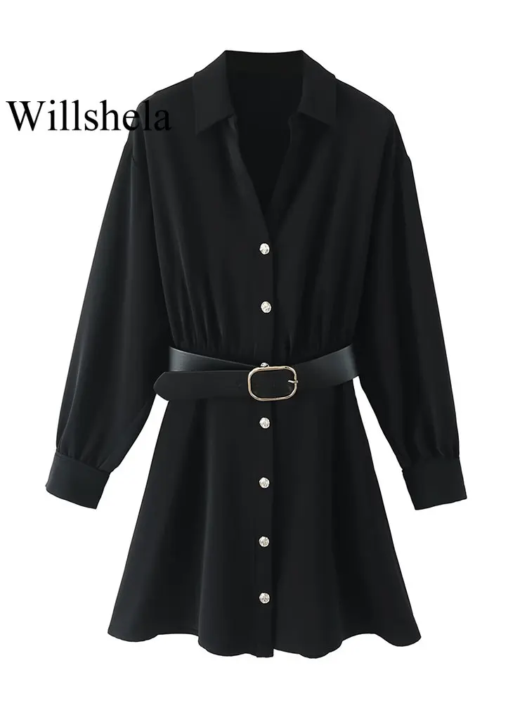 

Женское однобортное платье Willshela, винтажное однобортное мини-платье с отворотом, длинными рукавами и поясом