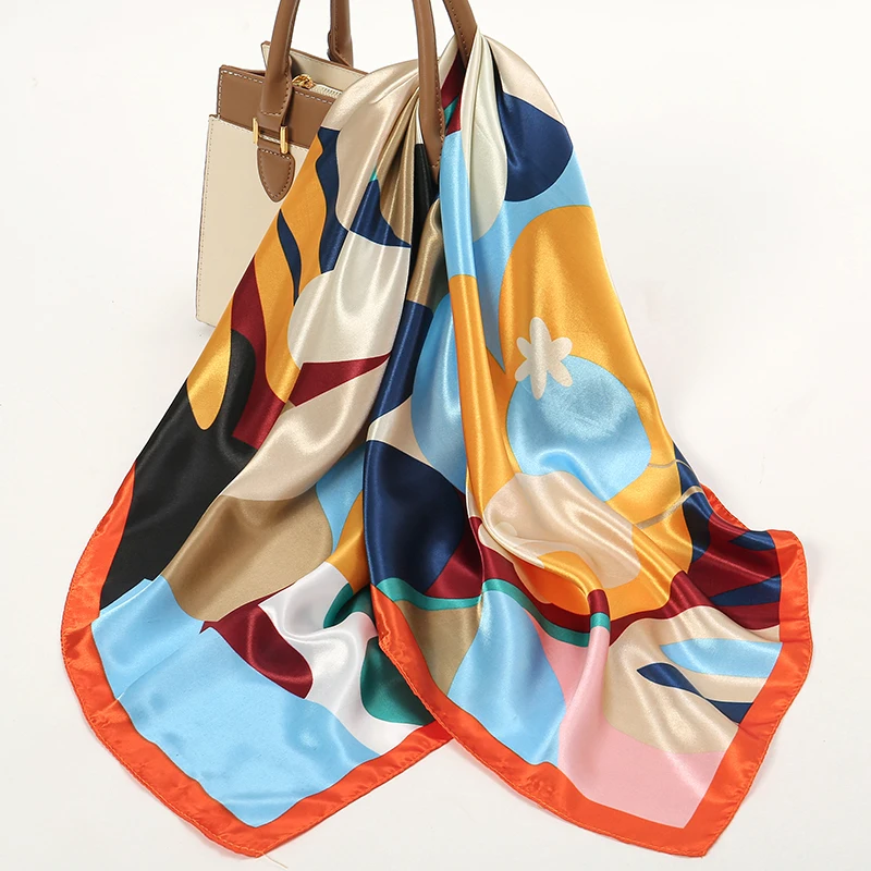 

90X90CM New Women Scarf Silk Feeling Hair Neck Square Satin Shawl Design Silk Sunscreen Versatile Bandana Scarves Handkerchief