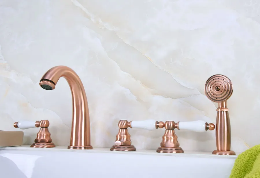 

Antique Red Copper Brass Three Levers Handles Deck Mounted 5 Holes Bathroom Tub Faucet Mixer Tap With Handshower mtf231