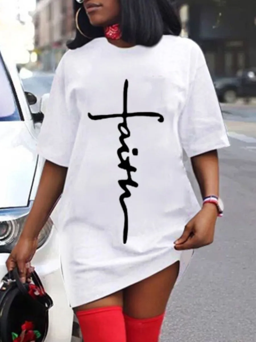 

LW Plus Size Dropped Shoulder Faith Letter Print Dress Patchwork Straight Mini Positioning Printing Daily Streetwear Summer Tee