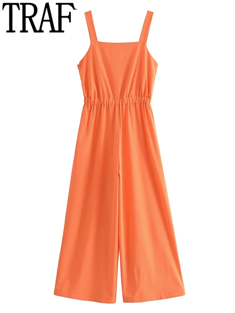 

TRAF Backless Long Jumpsuit Women Summer Orange Blue Baggy Jumpsuit Woman 2022 Sleeveless Jumpsuits Casual Vacation Outfits
