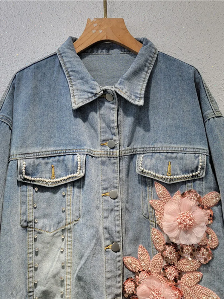 Женская джинсовая куртка DEAT с длинным рукавом и отложным воротником 3D заклепками